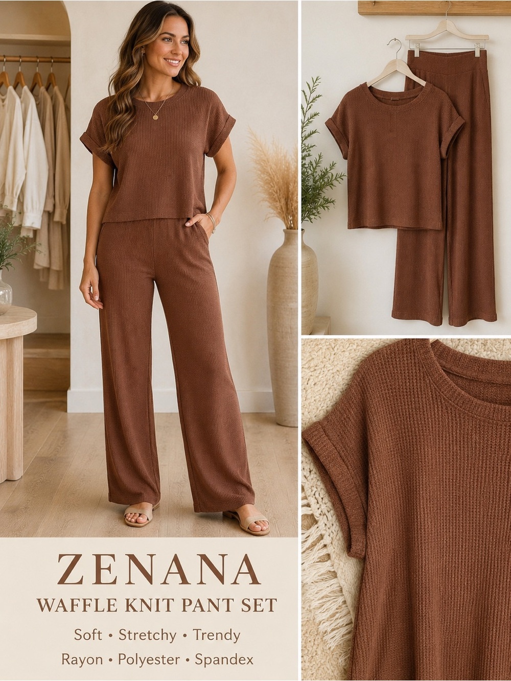 Zenana Outfitters Waffle Knit Wide-Leg Set — Chestnut Brown